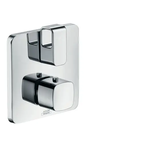 Thermostatsteuerung von AXOR mit Absperrventil, in glänzendem Chrom-Finish, auf einer quadratischen Montageplatte angebracht.